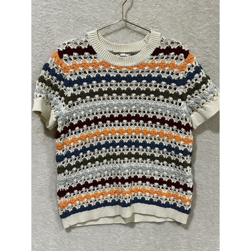 Crochet Multicolor Woven Striped Ladies Short Sleeved Sweater 18/20W Womens Cato